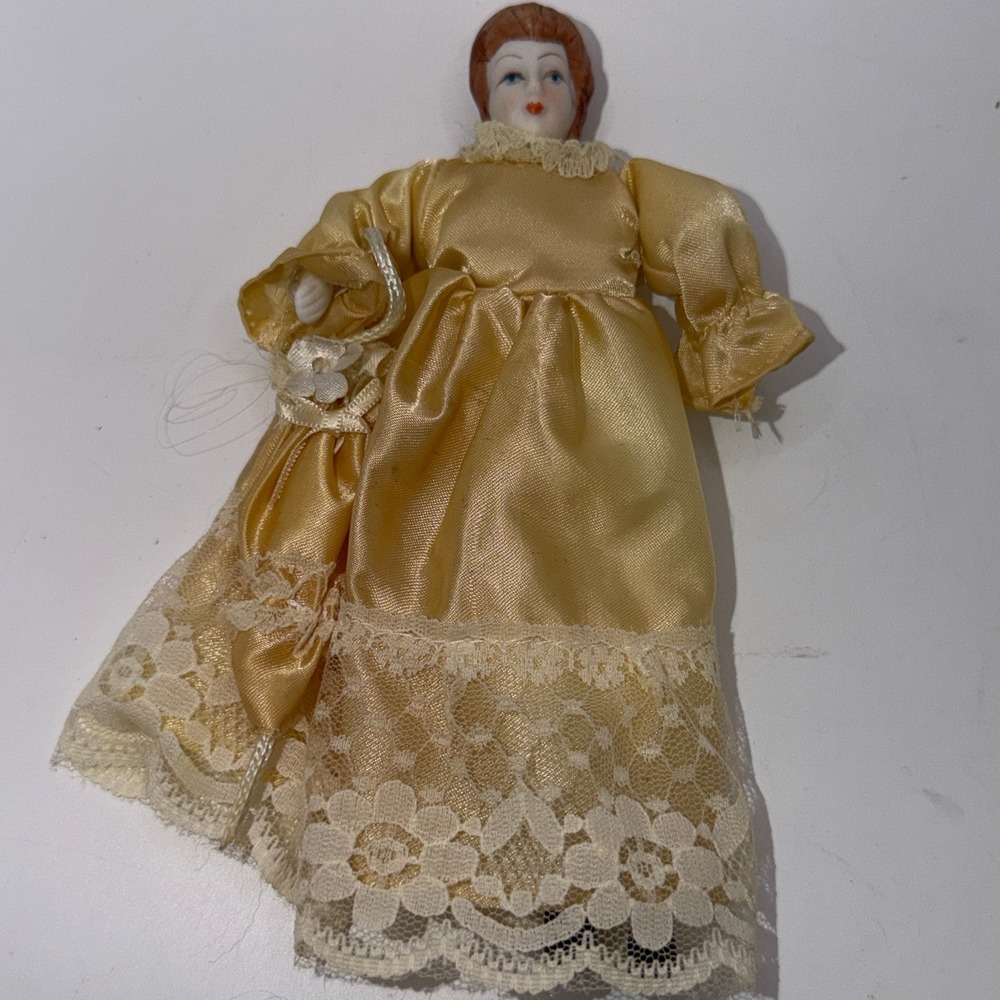 Unbranded Small 6" Porcelain Doll Gold Satin Lace Gown Victorian Antique Style